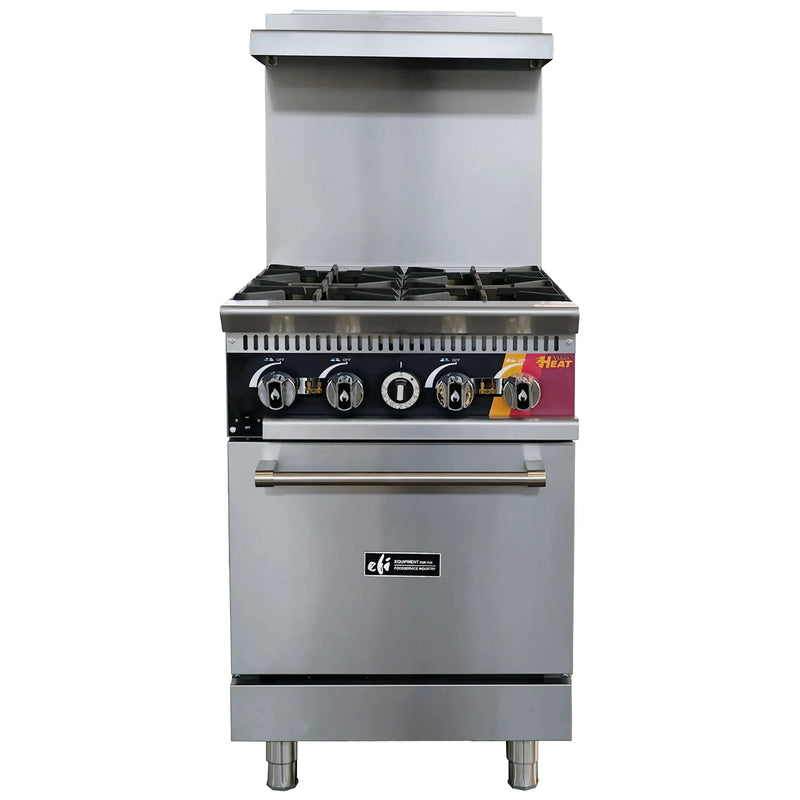 EFI 24 inch natural gas or propane four burner stainless steel range with convection oven and backsplash, front view