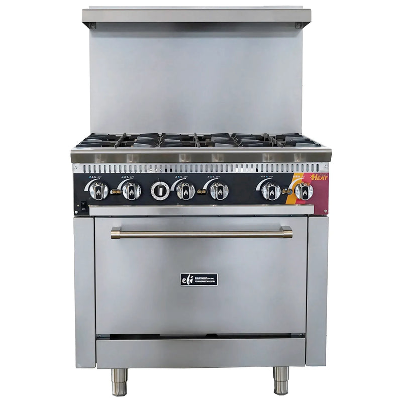 EFI 36 inch natural gas or propane six burner stainless steel range with convection oven and backsplash, front view