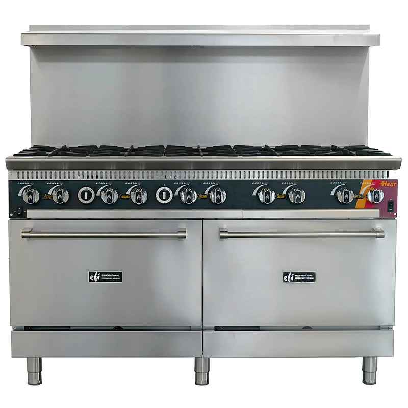 EFI 60 inch natural gas or propane ten burner stainless steel range with two convection ovens and backsplash, front view