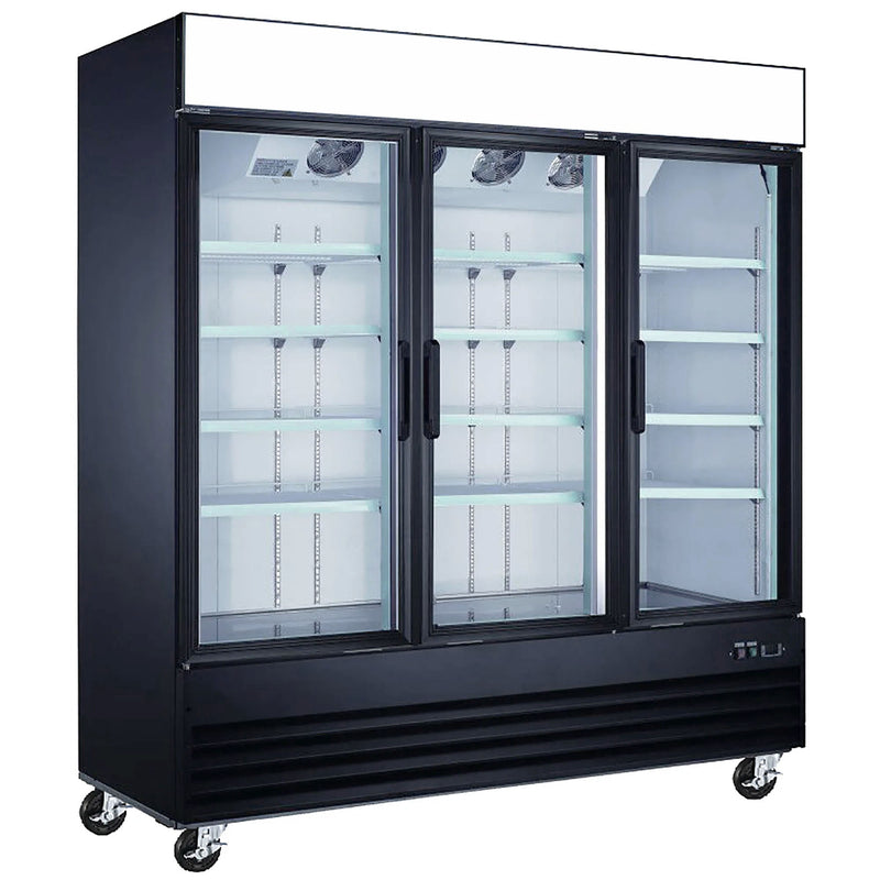EFI X-line C3-78GDVCX 78 inch black three glass door display refrigerator with lit sign panel, angled front view