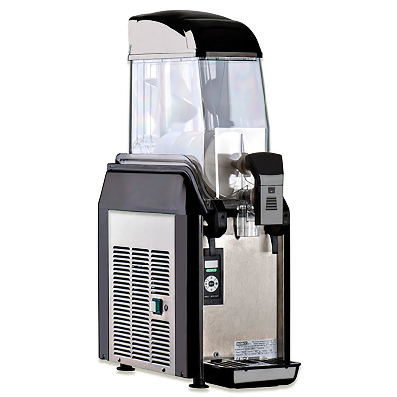 Elmeco FC1 GREEN Millenium single 12L container slushie machine with clear bowl, black lid and stainless front