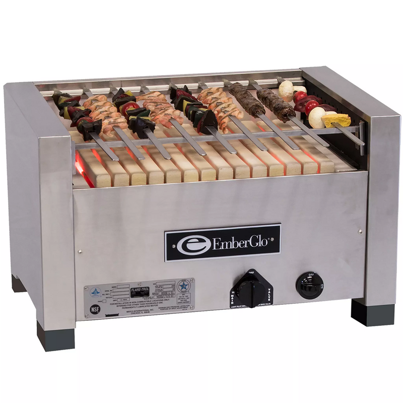 Emberglo 25C natural gas/propane countertop radiant 26 inch kebab broiler in stainless steel, loaded with skewers