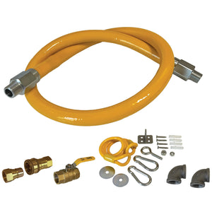 Encore commercial 1-inch quick disconnect gas hose kit with yellow hose, brass valve, fittings and restraint cable