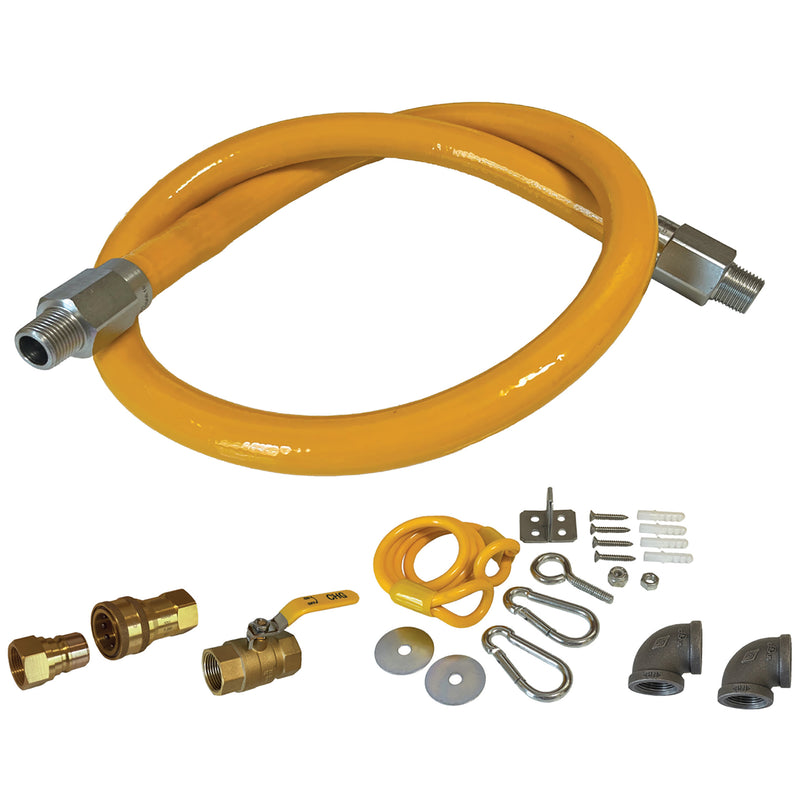 Encore commercial 1/2-inch quick disconnect gas hose kit, yellow hose shown with brass ball valve and fittings