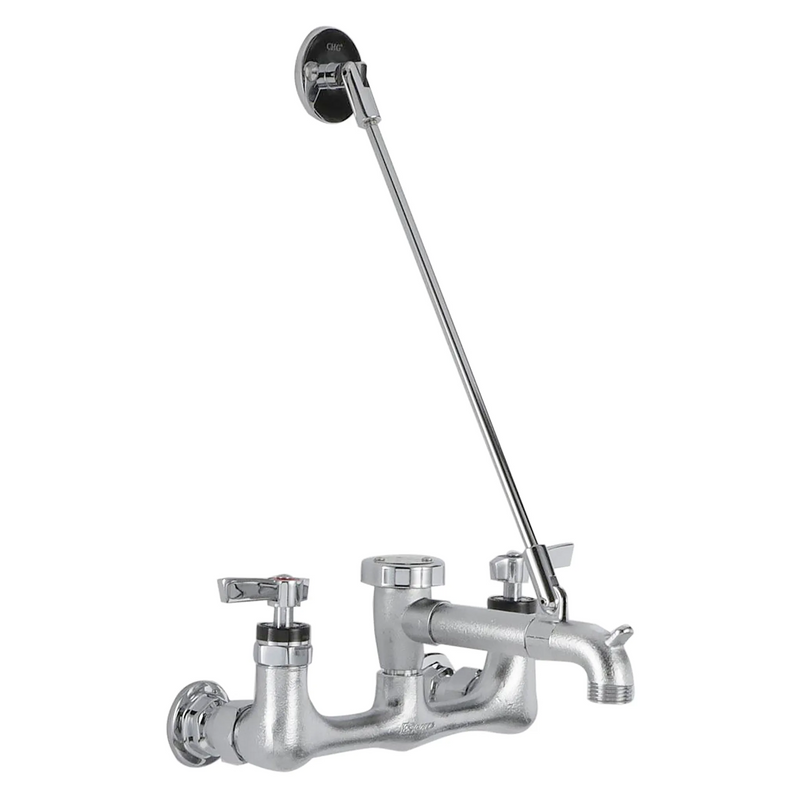 Encore wall mount service sink faucet in chrome with vacuum breaker, pail hook and top wall brace rod, front view