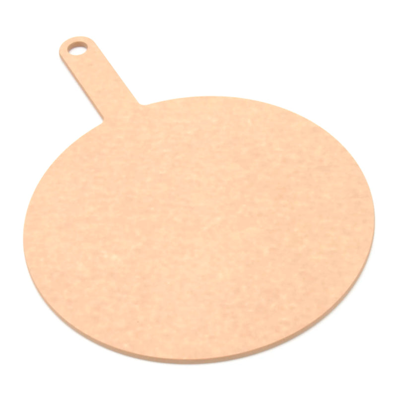 Epicurean 429-171201 round 12-inch pizza board in natural wood fiber composite with hang-hole handle, top view