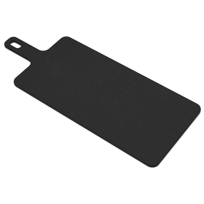 Epicurean 429-197502 black slate rectangular serving paddle, 7.5 x 19 inch wood fiber board with hanging handle, angled