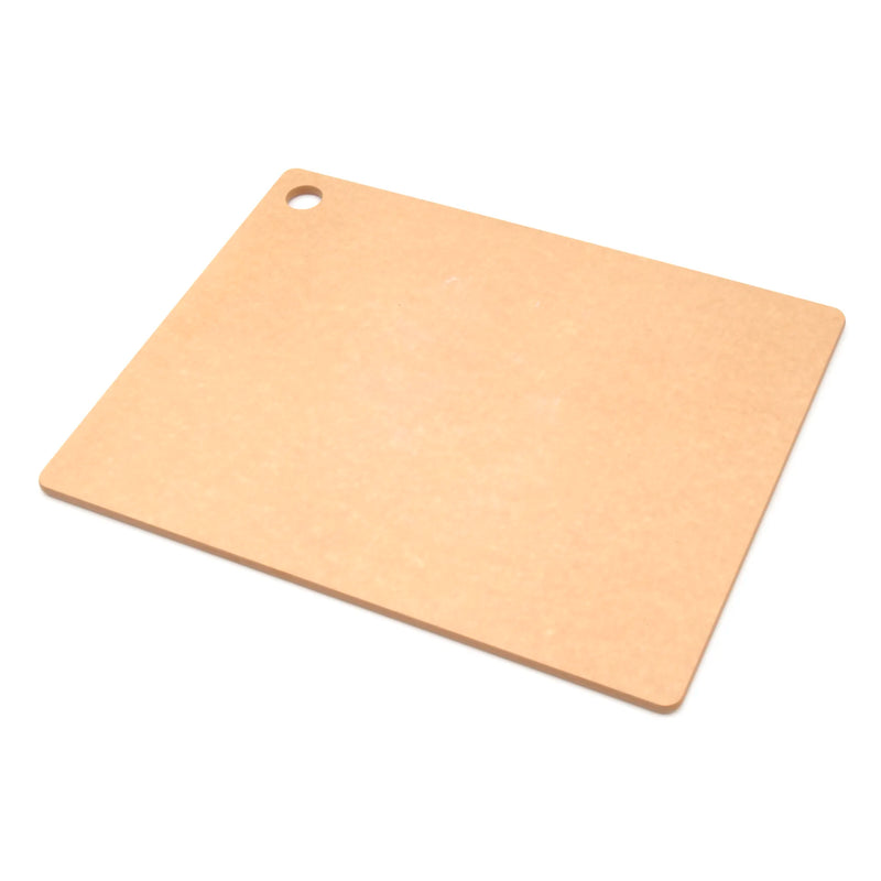 Epicurean natural rectangular cutting board in tan wood fiber composite with corner hang hole, angled top view
