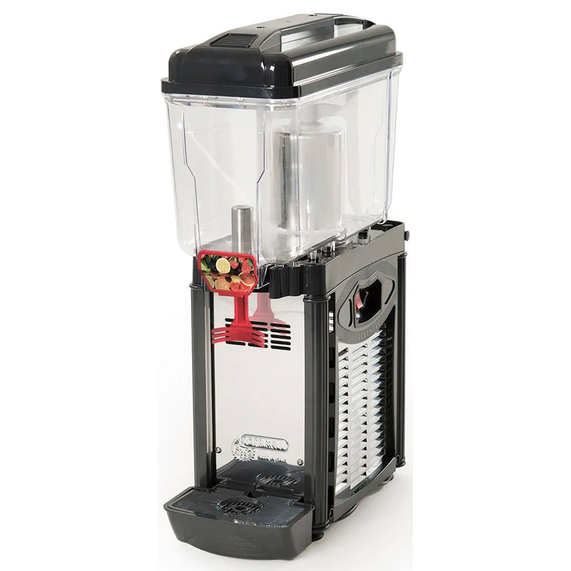 Eurodib CD1J single container 12L refrigerated juice dispenser with clear bowl, red tap and black base, angled view