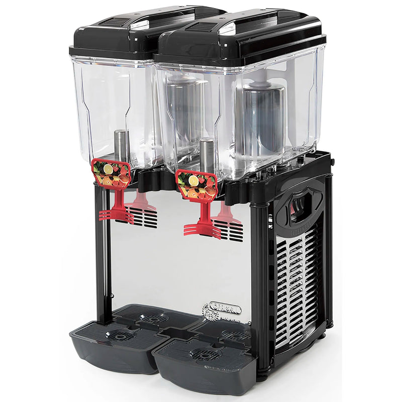 Eurodib CD2J double container 24L refrigerated juice dispenser with two clear bowls, red taps and drip trays, angled