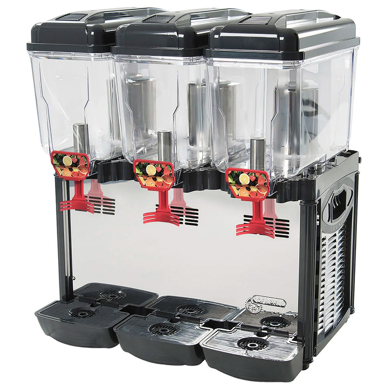 Eurodib CD3J triple container 36L refrigerated juice dispenser with three clear bowls, red taps and drip trays, angled