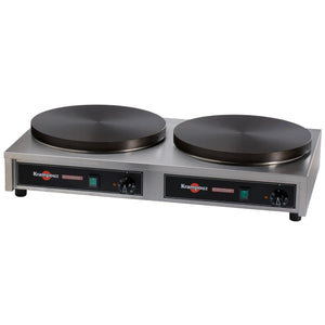 Eurodib CECIJ4 Krampouz deluxe electric double crepe maker with two 15.75-inch cast iron plates, stainless base, angled