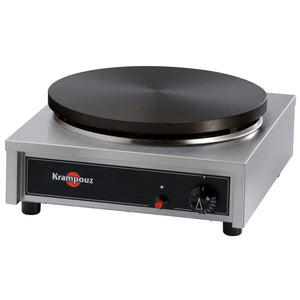 Eurodib CGCID4 Krampouz deluxe 15.75-inch gas crepe maker, black cast iron plate on stainless steel base, angled view