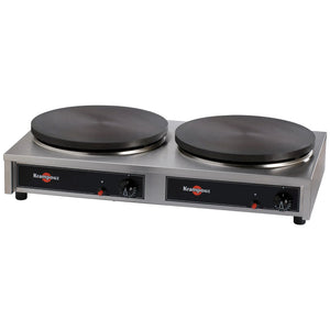 Eurodib CGCIM4 Krampouz deluxe gas double crepe maker with two 15.75-inch cast iron plates on stainless base, angled