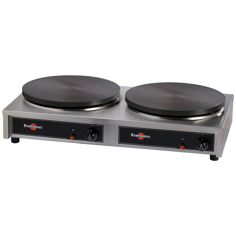 Eurodib CGCIM4 Krampouz deluxe gas double crepe maker with two 15.75-inch cast iron plates on stainless base, angled