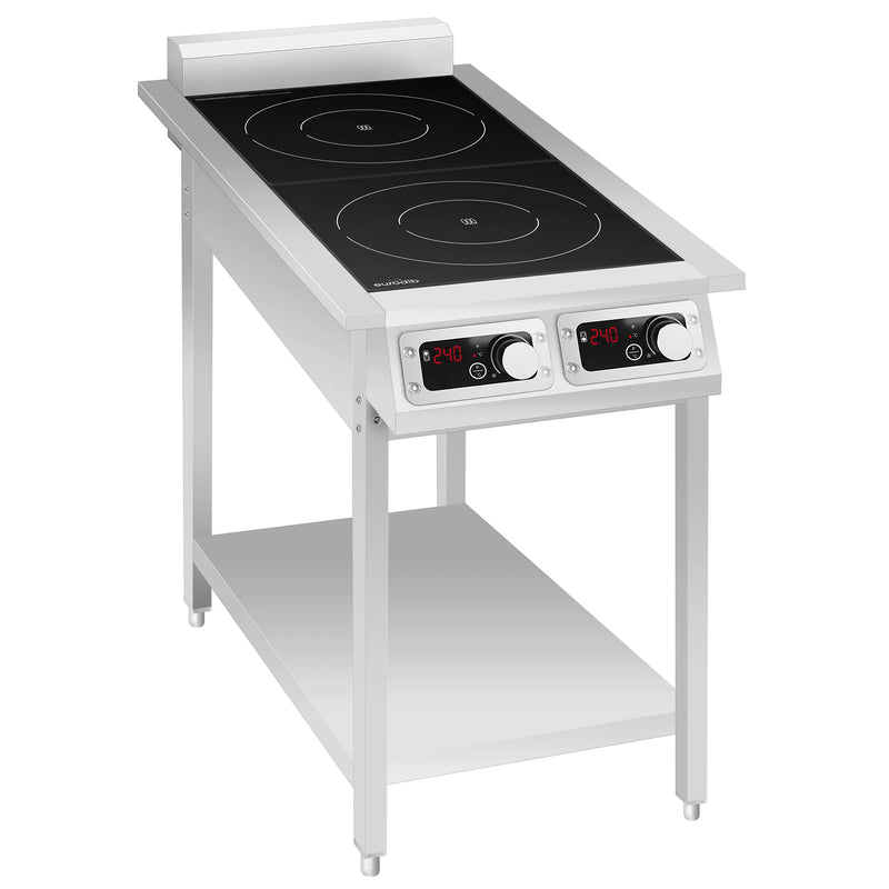 Eurodib FCI235OS1PH commercial 2 burner electric induction range with black glass top on stainless steel open stand