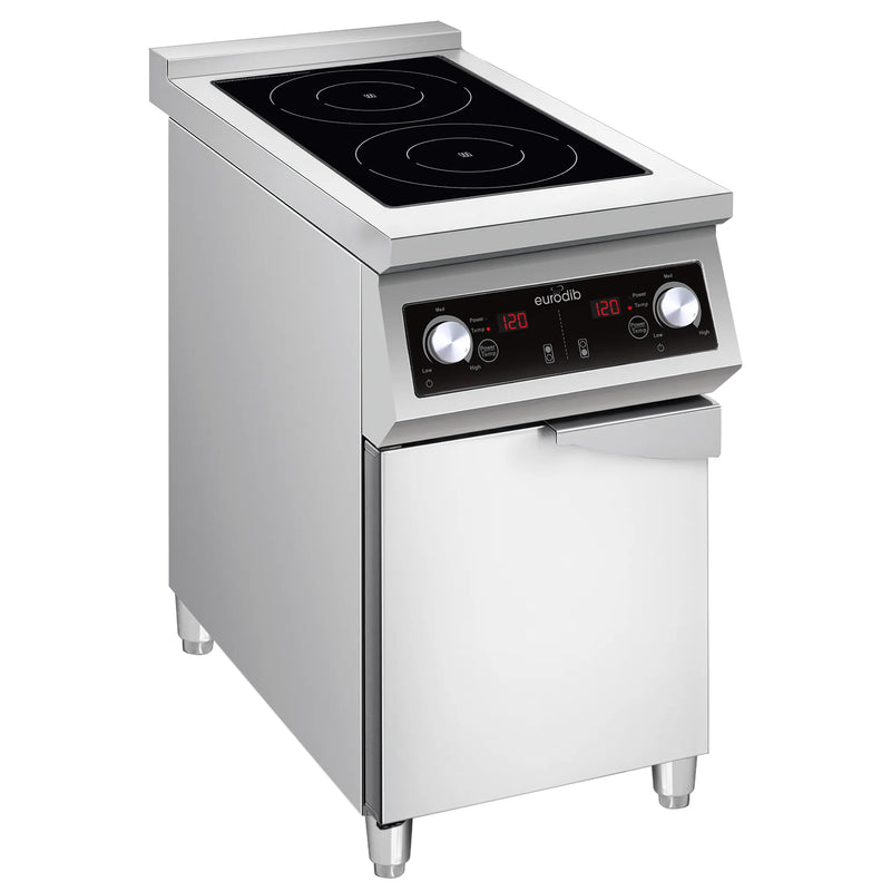 Eurodib FCIHD235D3PH 2 burner electric induction range with black glass top on stainless steel cabinet base, angled