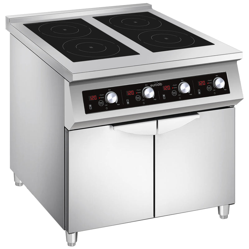 Eurodib FCIHD435D3PH 4 burner electric induction range with black glass top on two-door stainless cabinet base, angled