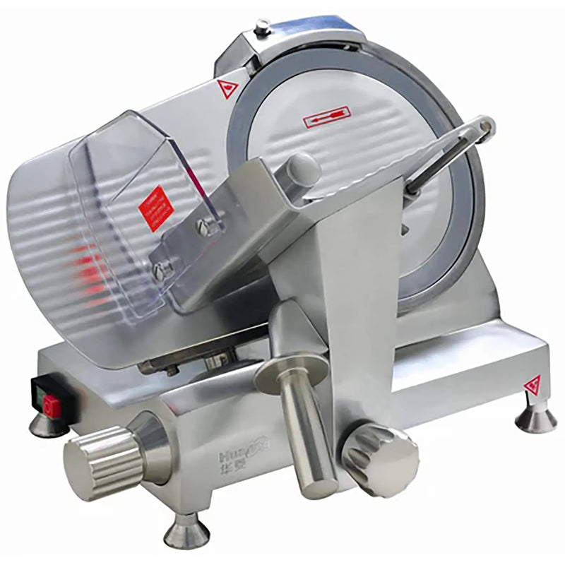 Eurodib HBS-250L manual aluminum meat slicer with 10-inch blade, thickness knob and carriage handle, angled view