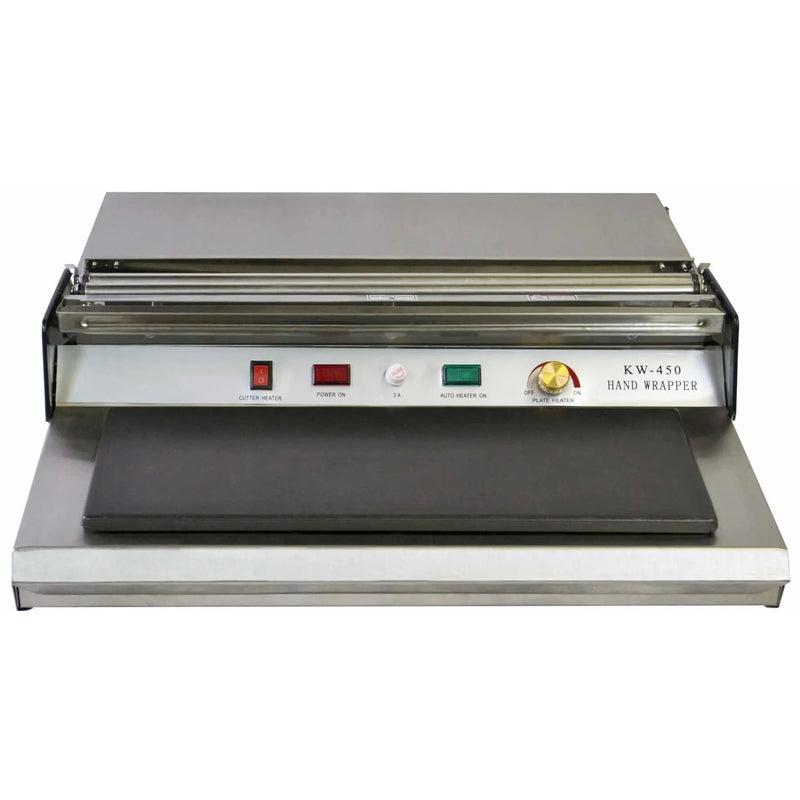 Eurodib KW450 stainless steel film wrapping machine with black heated plate and front control switches, angled view