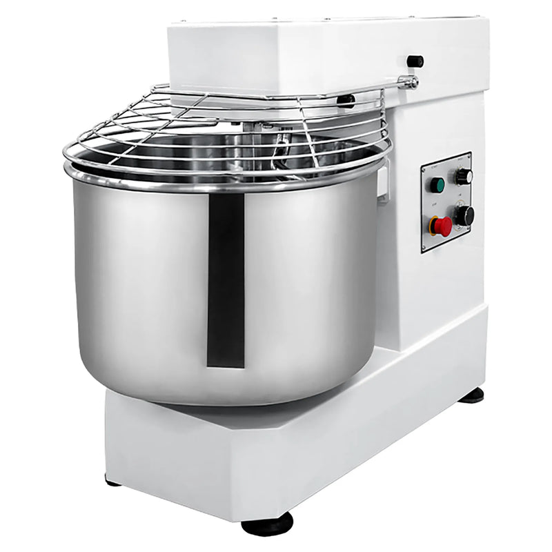 Eurodib LB50T 50 qt commercial spiral mixer, white body with stainless steel bowl and wire guard, front angled view