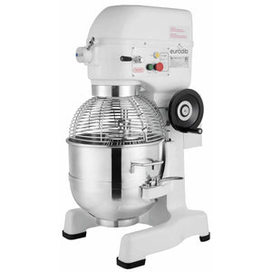 Eurodib M40A-220ETL 40 qt commercial planetary stand mixer, white body with stainless steel bowl and lift wheel, angled