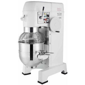 Eurodib M60A-220ETL 60 qt commercial planetary floor mixer, white body with stainless steel bowl and guard, angled view