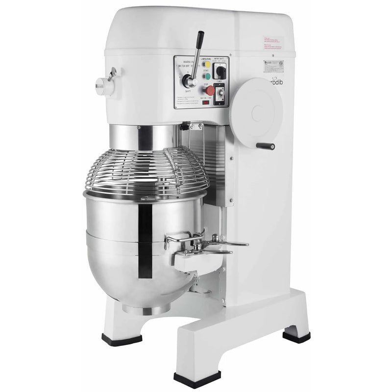 Eurodib M60A-220ETL 60 qt commercial planetary floor mixer, white body with stainless steel bowl and guard, angled view