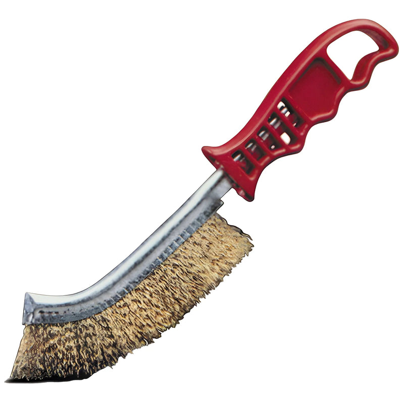 Eurodib PGB001 panini grill brush with red plastic handle and curved brass wire bristles for cleaning grill plates