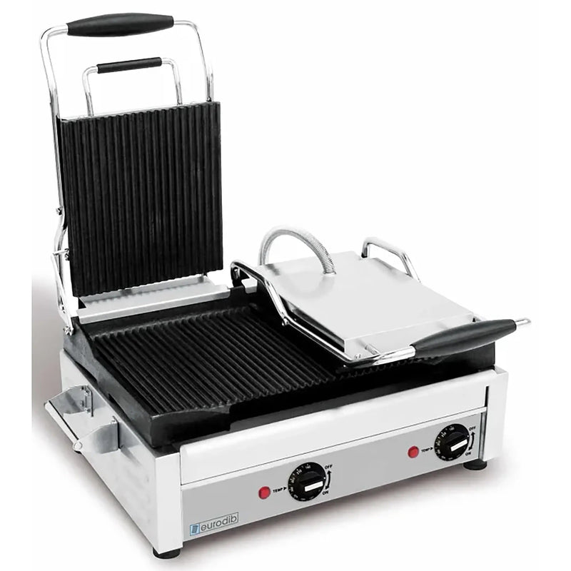 Eurodib SFE Series large double 18 x 11 inch press panini grill with left lid raised showing ribbed cast iron plates