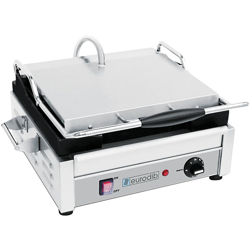Eurodib SFE Series medium single 15 x 11 inch press panini grill with stainless steel body and control knob, angled