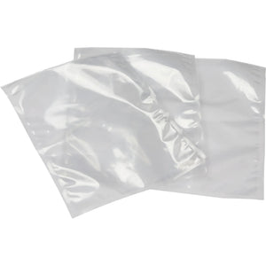 Eurodib smooth vacuum bags in assorted sizes, stack of clear chamber vacuum sealer pouches laid flat
