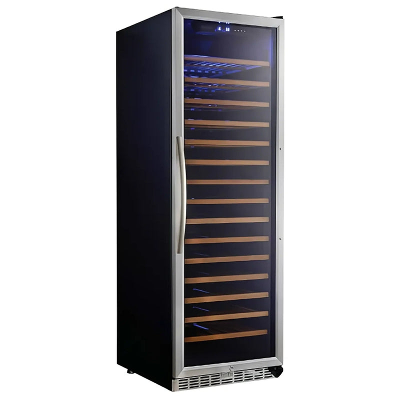 Eurodib USF168 tall single/dual temperature wine cooler with black-framed glass door and wood shelves, angled view