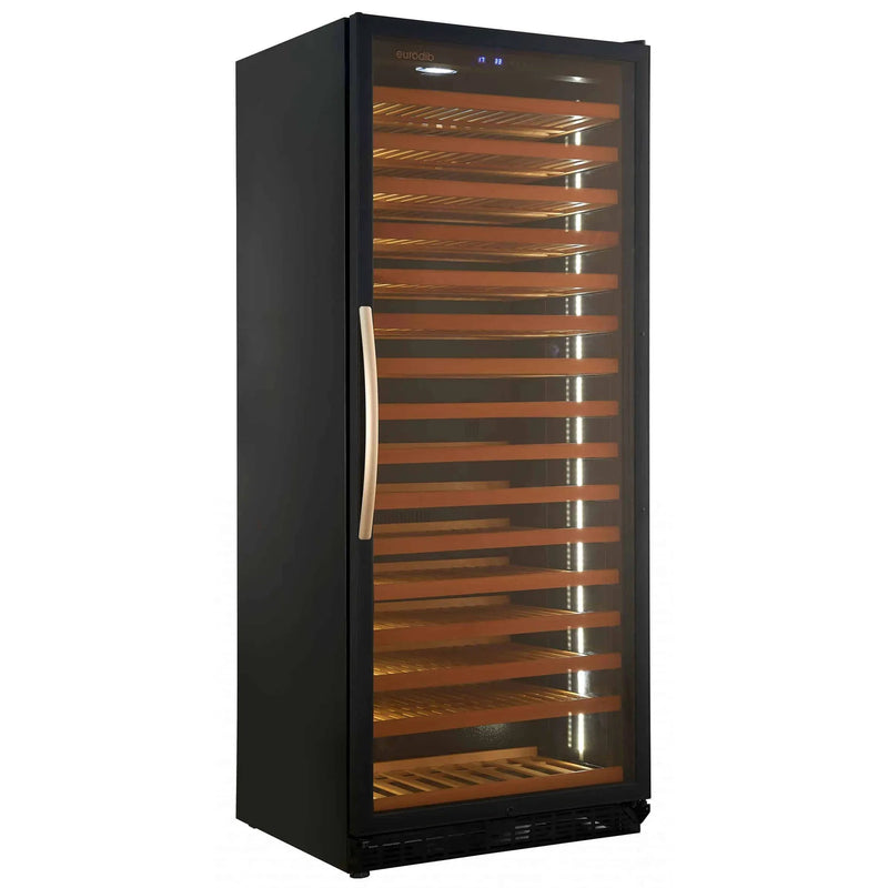 Eurodib USF328 single/dual temperature wine cooler, tall black cabinet with glass door and wood shelves, angled view