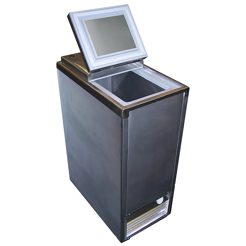 Excellence FT-4 ice cream dipping freezer with glass flip top lid opened, dark grey cabinet for 4 tubs, angled view