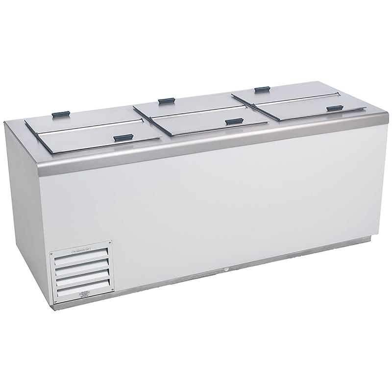 Excellence HFF-12HC 33 tub ice cream dipping freezer, long white cabinet with stainless steel flip top lids, angled view