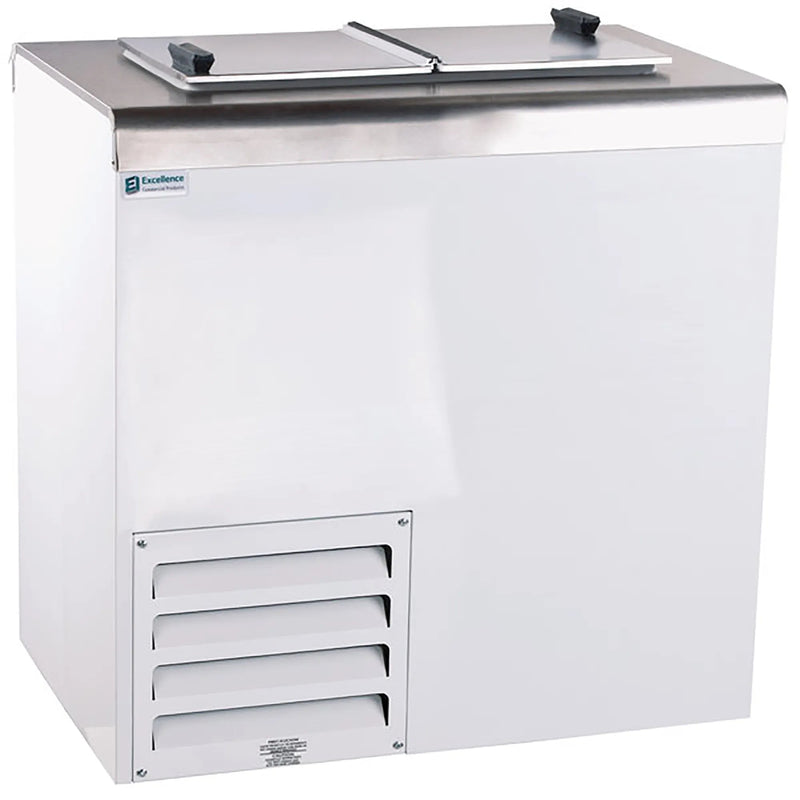Excellence HFF-2HC 4 tub ice cream dipping freezer, white cabinet with stainless steel flip top lids closed, front view