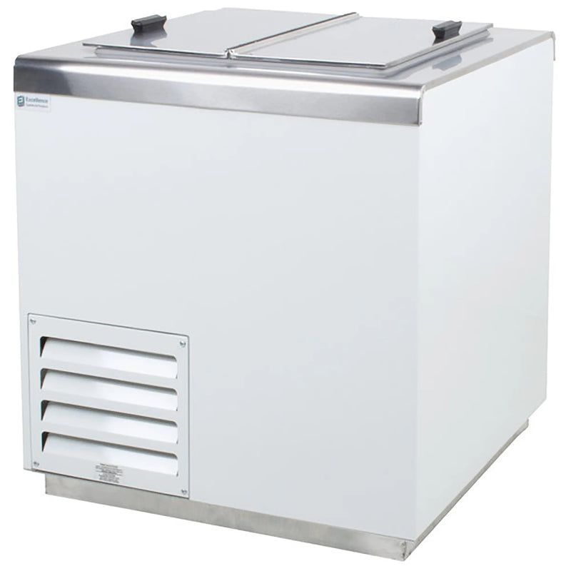 Excellence HFF-4HC 7 tub ice cream dipping freezer, white cabinet with stainless steel flip top lids closed, angled view