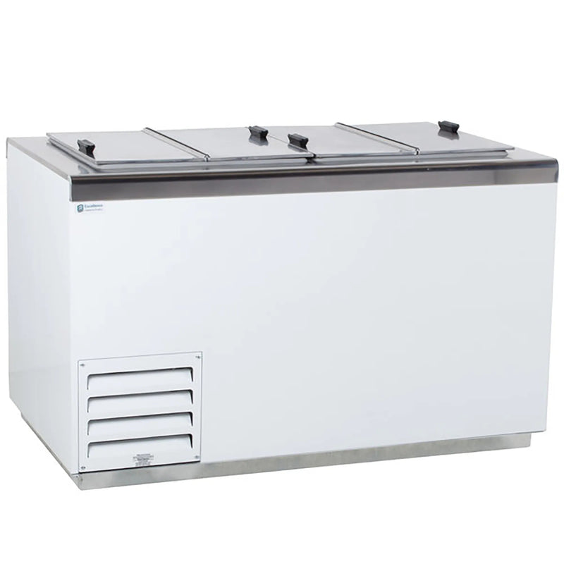 Excellence HFF-8HC 19 tub ice cream dipping freezer, white cabinet with three stainless steel flip top lids, angled view