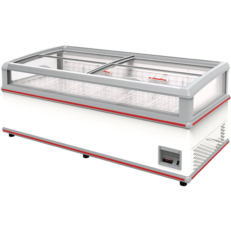 Excellence SM-6 Deluxe 74-inch display chest freezer, white body with red trim and sliding glass lids, angled view