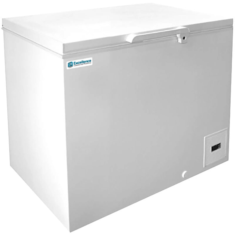 Excellence UCS-41HC 42-inch solid door -45°C storage chest freezer, white cabinet with hinged lid closed, angled view