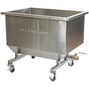 Fry Factory FFST-500 stainless steel potato storage tank on locking casters with side drain valve, angled view