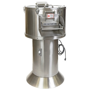 Fry Factory GC-25/56 electric 56 lb potato peeler with stainless steel drum and pedestal base, front view