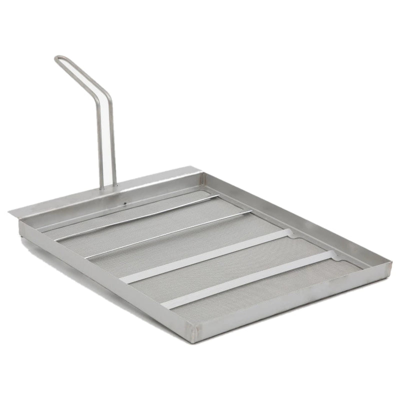 Frymate AF45 13 3/4" x 13 3/4" stainless steel deep fryer filter for American Range AF-45 fryers, 550 micron mesh tray with upright lift handle, angled view
