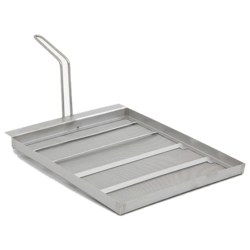 Frymate SG14 13 1/2" x 14" stainless steel deep fryer filter for Pitco SG14 fryers, 550 micron mesh tray with upright lift handle, angled view