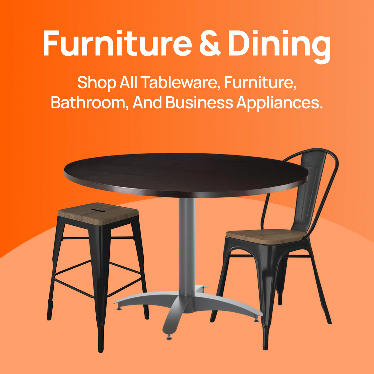 Furniture & dining – shop all tableware, furniture, bathroom, and business appliances, featuring a round table with metal chairs and stools