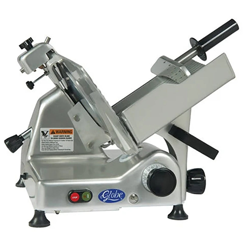 Globe G12 manual aluminum meat slicer with 12 inch blade and product tray, right side angled view