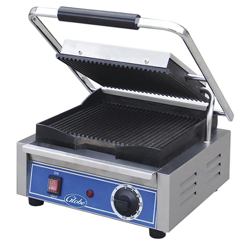 Globe GPG10-C single 10 x 9.5 inch press panini grill in stainless steel with lid open showing ribbed plates