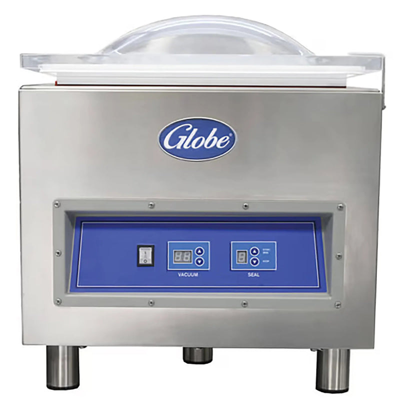 Globe GVP20 stainless steel chamber vacuum packaging machine with clear domed lid and blue control panel