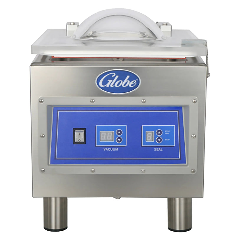 Globe GVP6 stainless steel chamber vacuum sealing and packaging machine with clear lid closed, front view